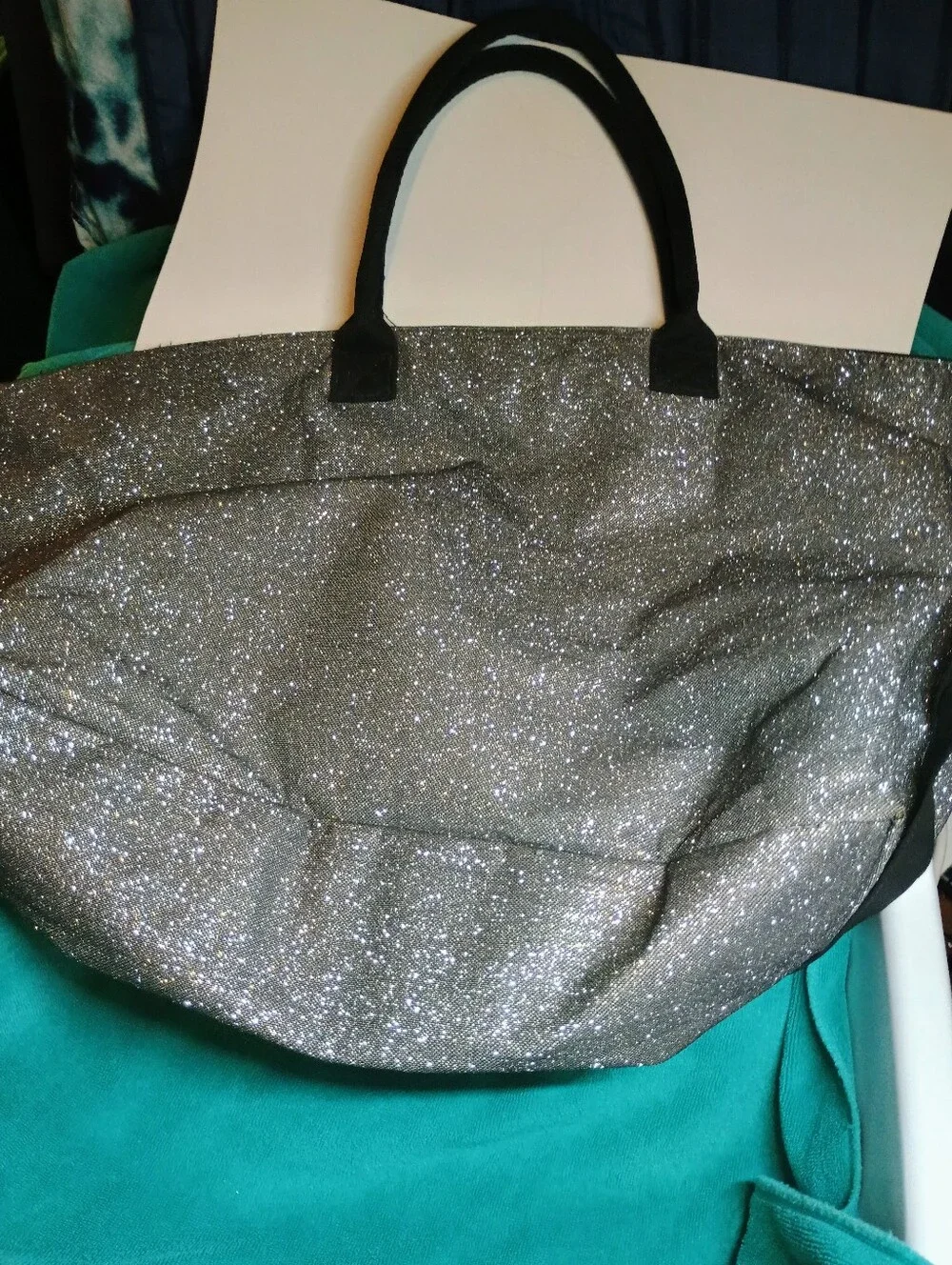 Victoria's Secret Silver Glitter Tote with Black Handles